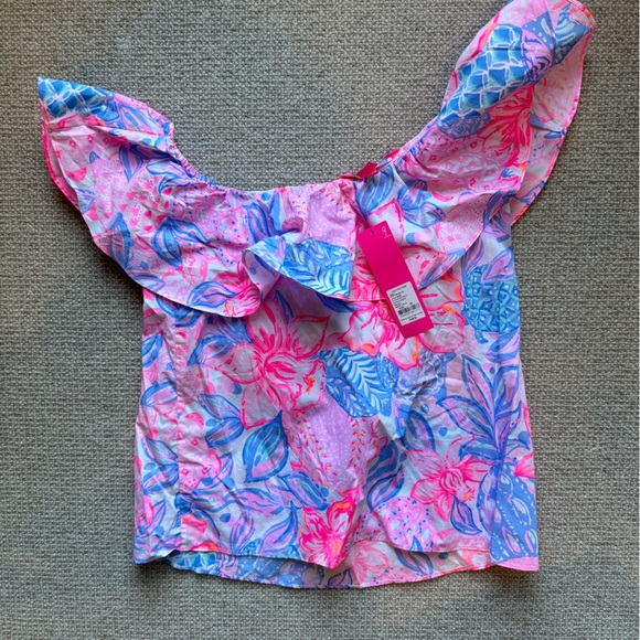 NWT Lilly Pulitzer Zeldie One Shoulder Top | Size XS | Pink Isle Snappy Turtle - Picture 7 of 15
